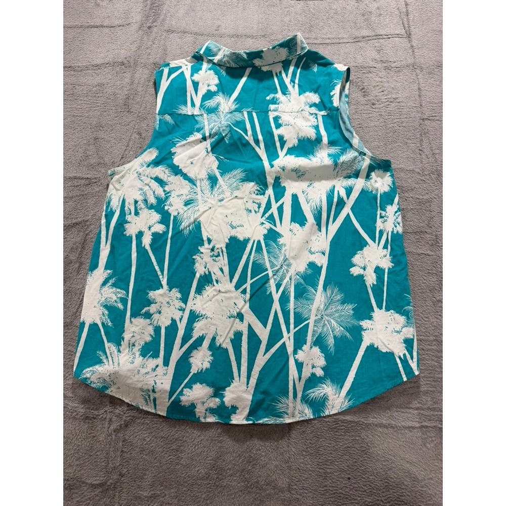Chico's Sleeveless Blouse Womens Size 3 Teal Palm Print Tropical Resort - Picture 9 of 11